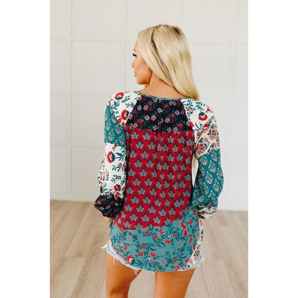 Boho Floral Multicolor Patchwork Print Blouse Womens Sz M Tassel Tie Long Sleeve - Picture 16 of 16